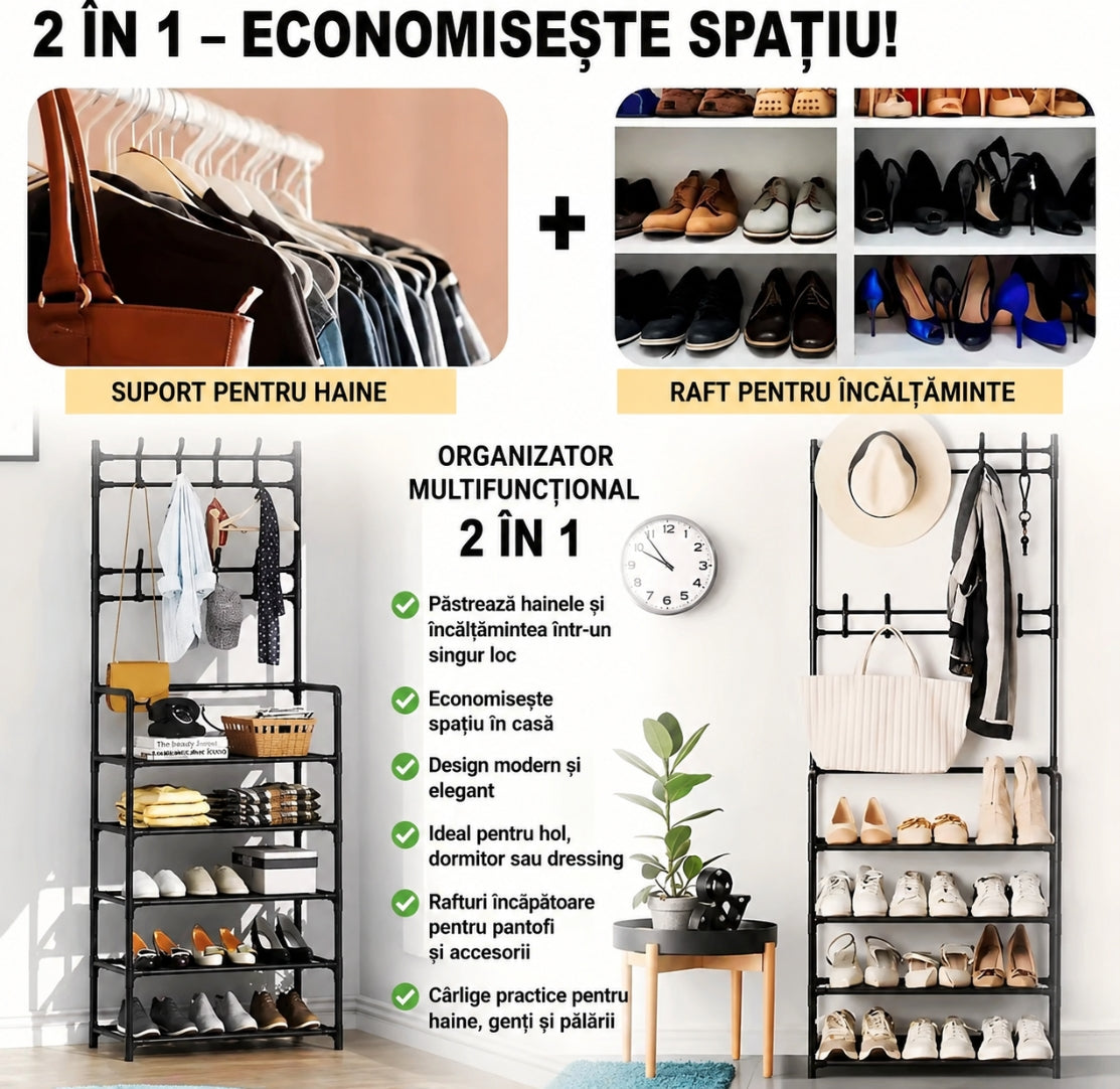 Suport Metalic pentru Încălțăminte și Cuier – Organizator Multifuncțional pentru Hol