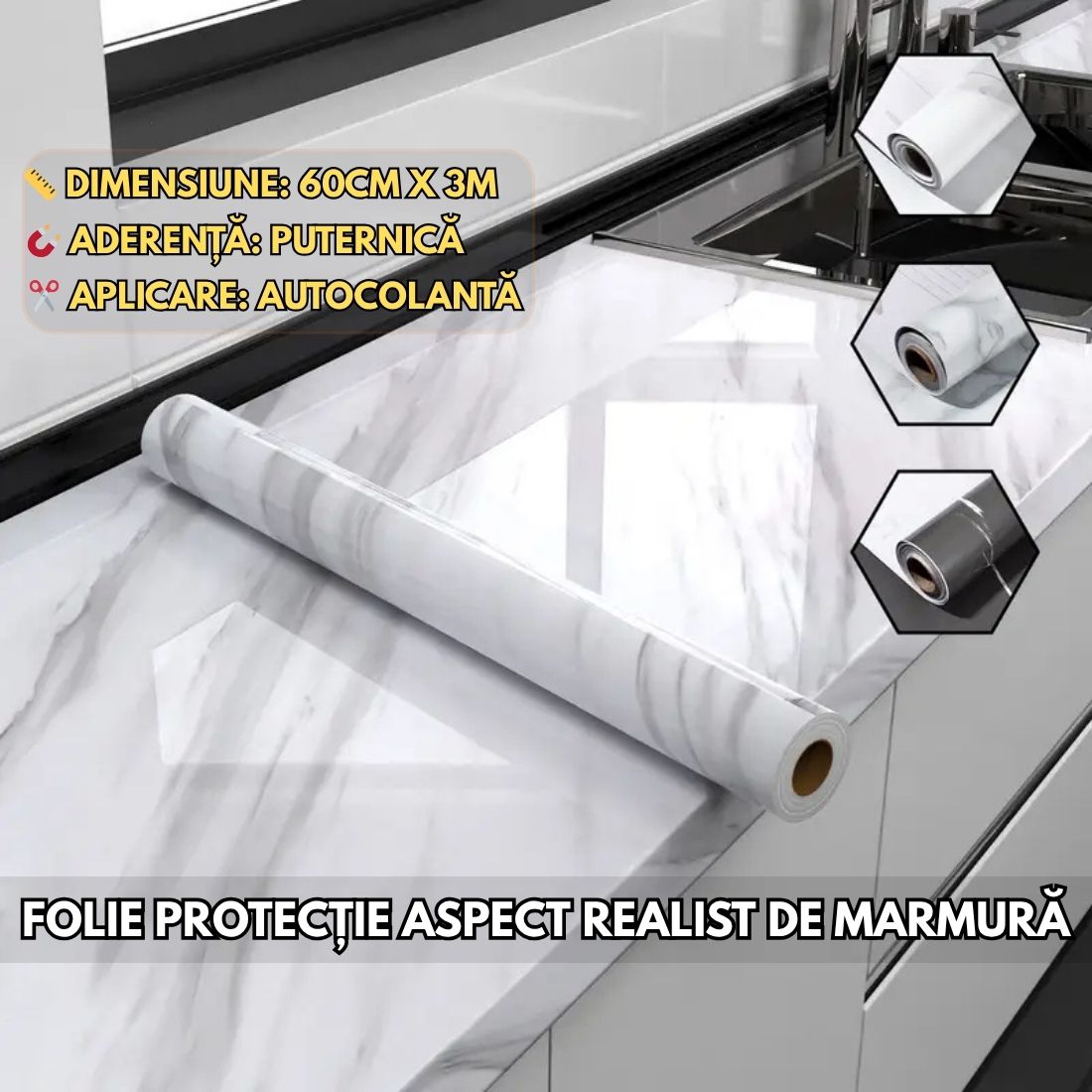 Folie Autocolantă Marmură 60×300 cm – Protecție Elegantă și Durabilă pentru Mobilă și Blaturi