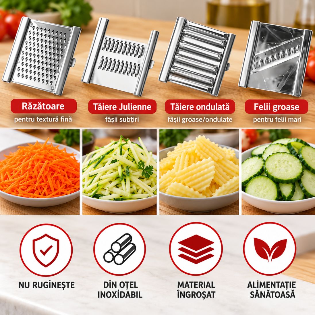 Răzătoare Multifuncțională din Oțel Inoxidabil – 4 Piese de Schimb – 1+1 GRATUITĂ