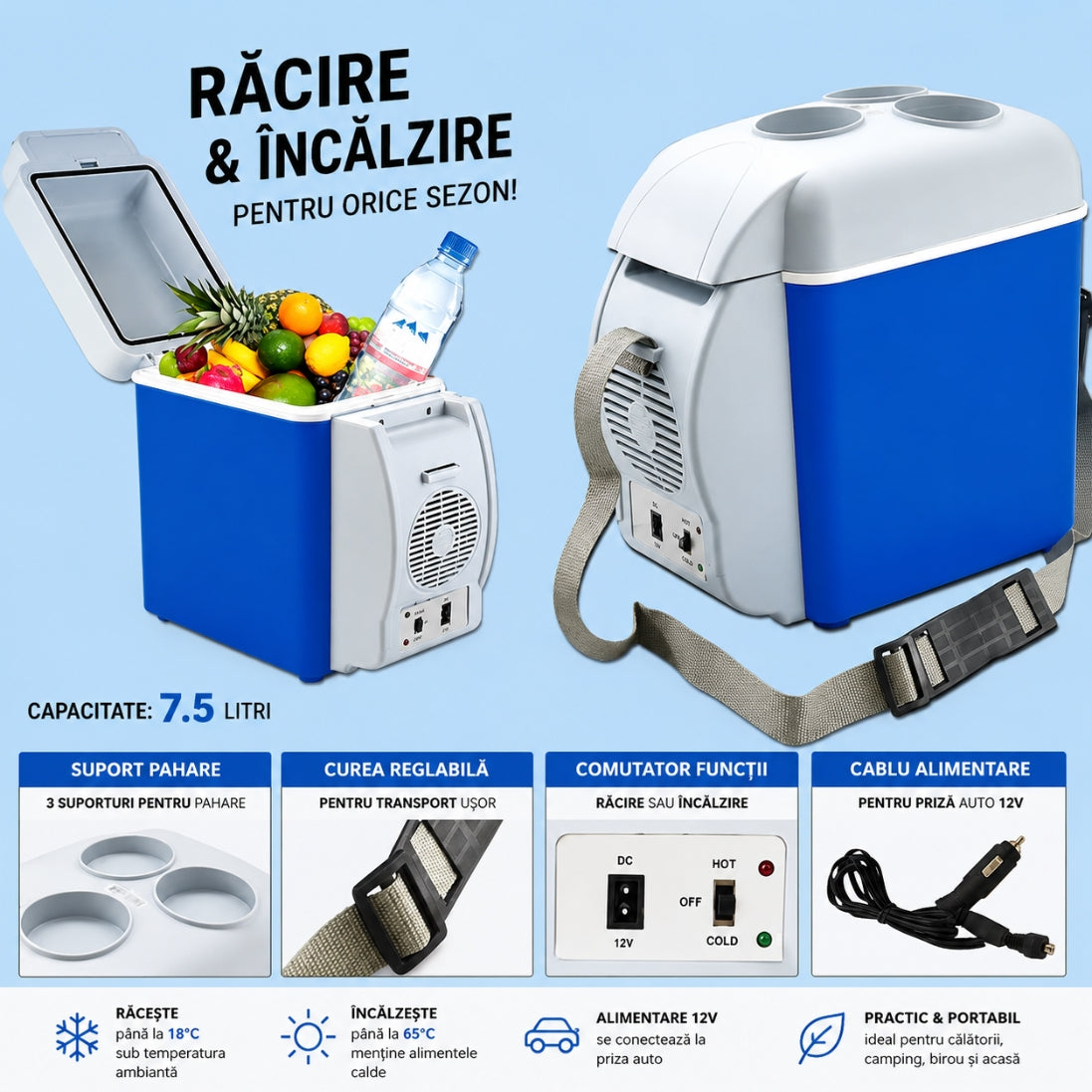 Frigider Auto Portabil 7.5L – Alimentare la Brichetă, Funcție Răcire și Încălzire