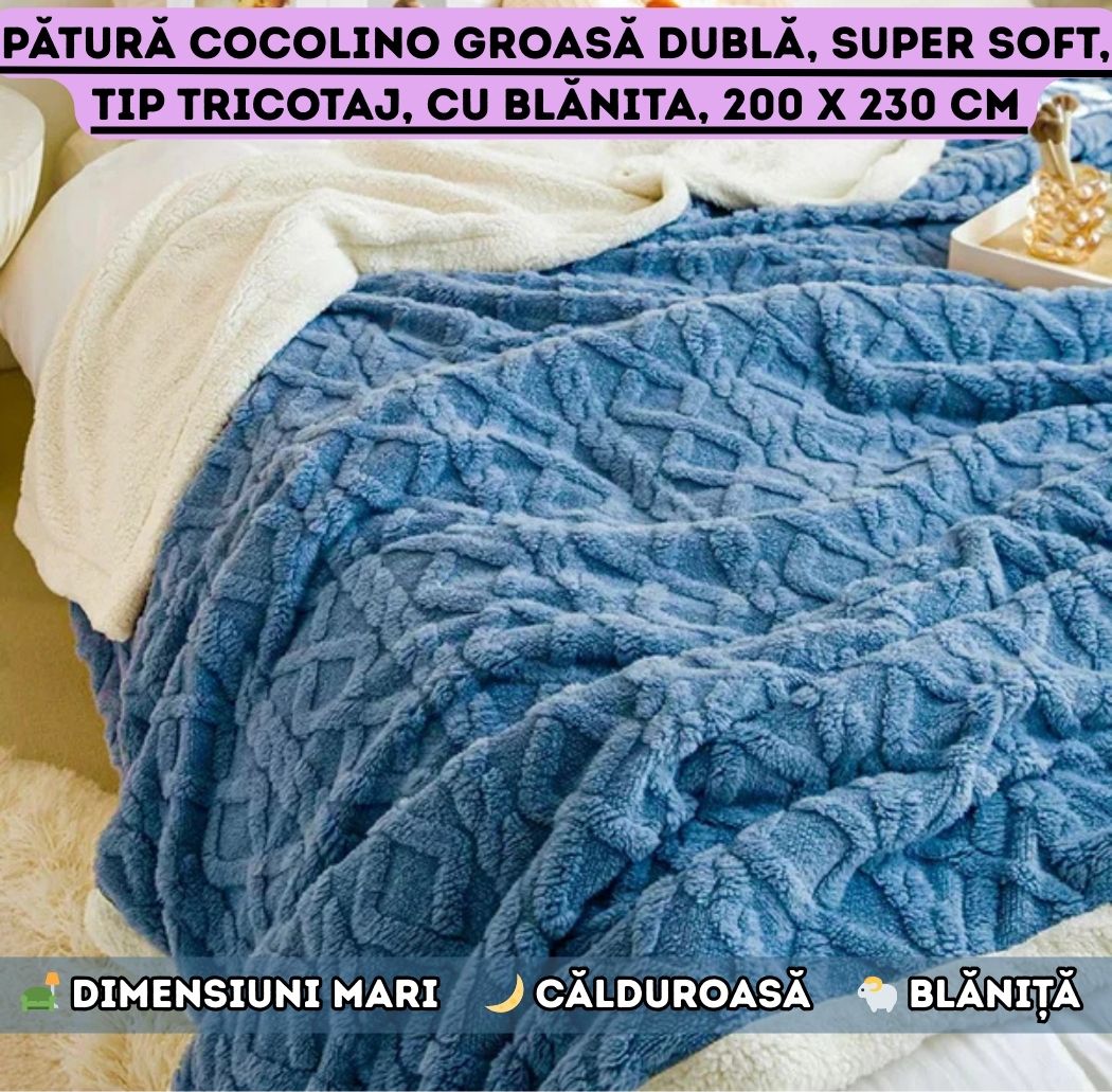 Pătură Cocolino Groasă Dublă, Super Soft, Tip Tricotaj, cu Blăniță - 200 x 230 cm