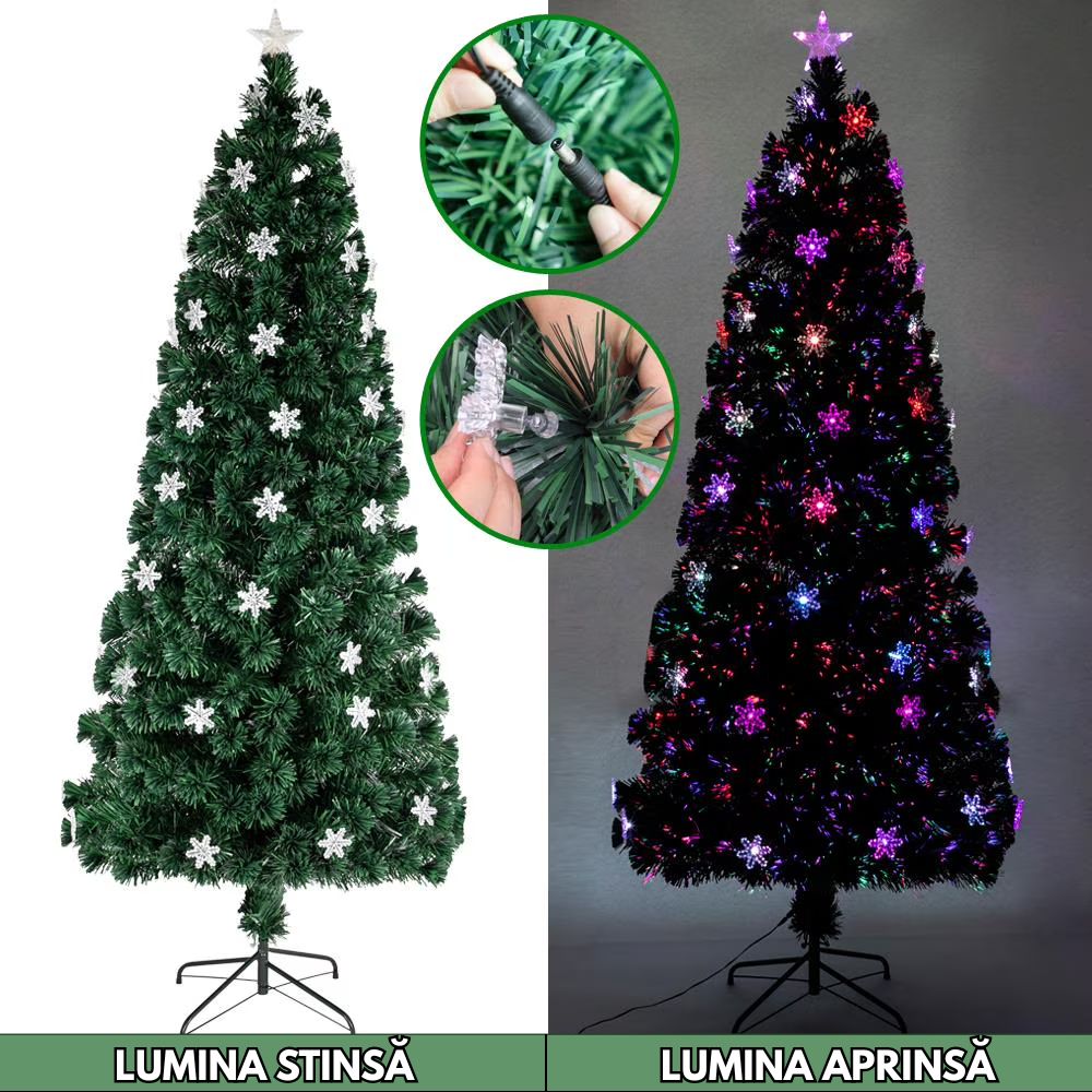 Brad Artificial 1.5 m din Fibră Optică – cu Stea și Decorațiuni Incluse