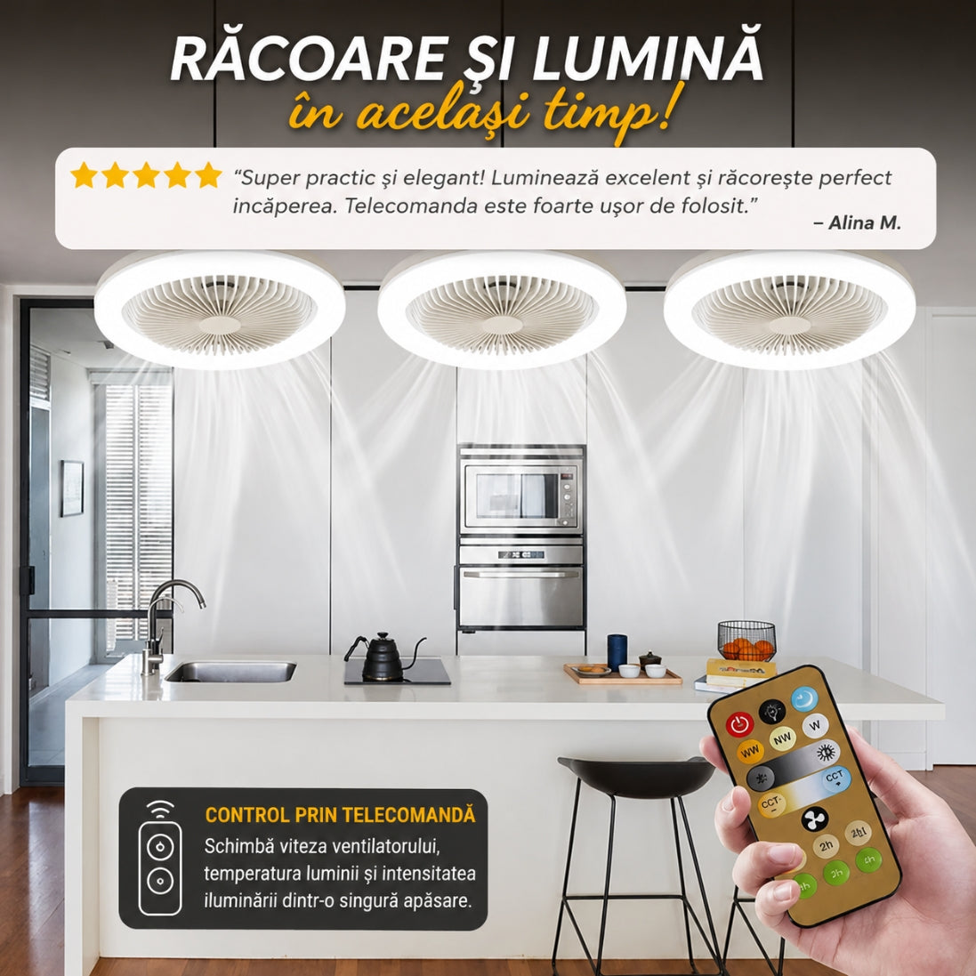 Ventilator de Tavan Stil Bec cu Iluminare LED – Telecomandă Inclusă și 3 Trepte de Viteză