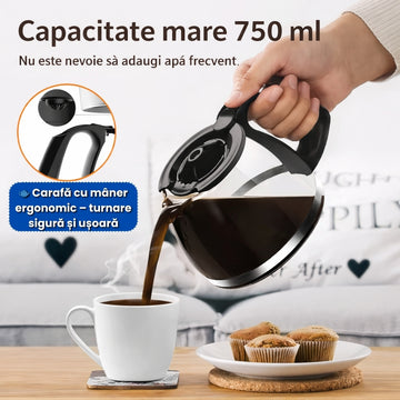 Aparat de Cafea Profesional 750 ml – Preparare Rapidă, Carafă din Sticlă