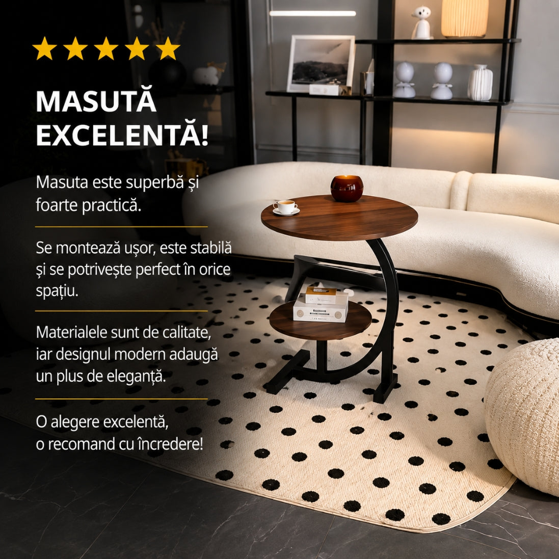 Măsuță Modernă cu 2 Nivele – Cadru Metalic si Lemn. Eleganță și Utilitate în Orice Cameră!