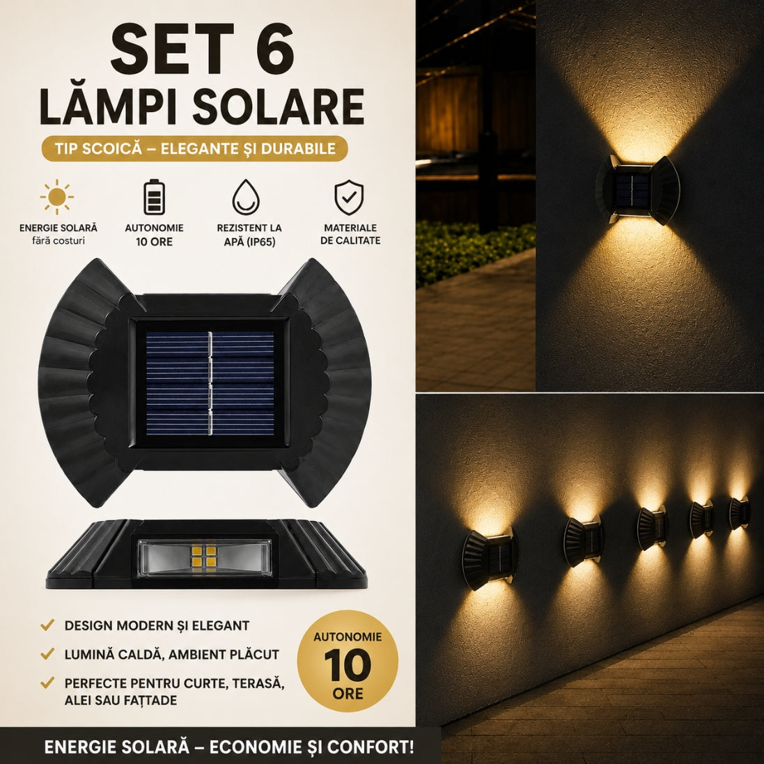 Lămpi Solare de Perete Tip Scoică – Set 6 Bucăți, Rezistente la Apă IP65