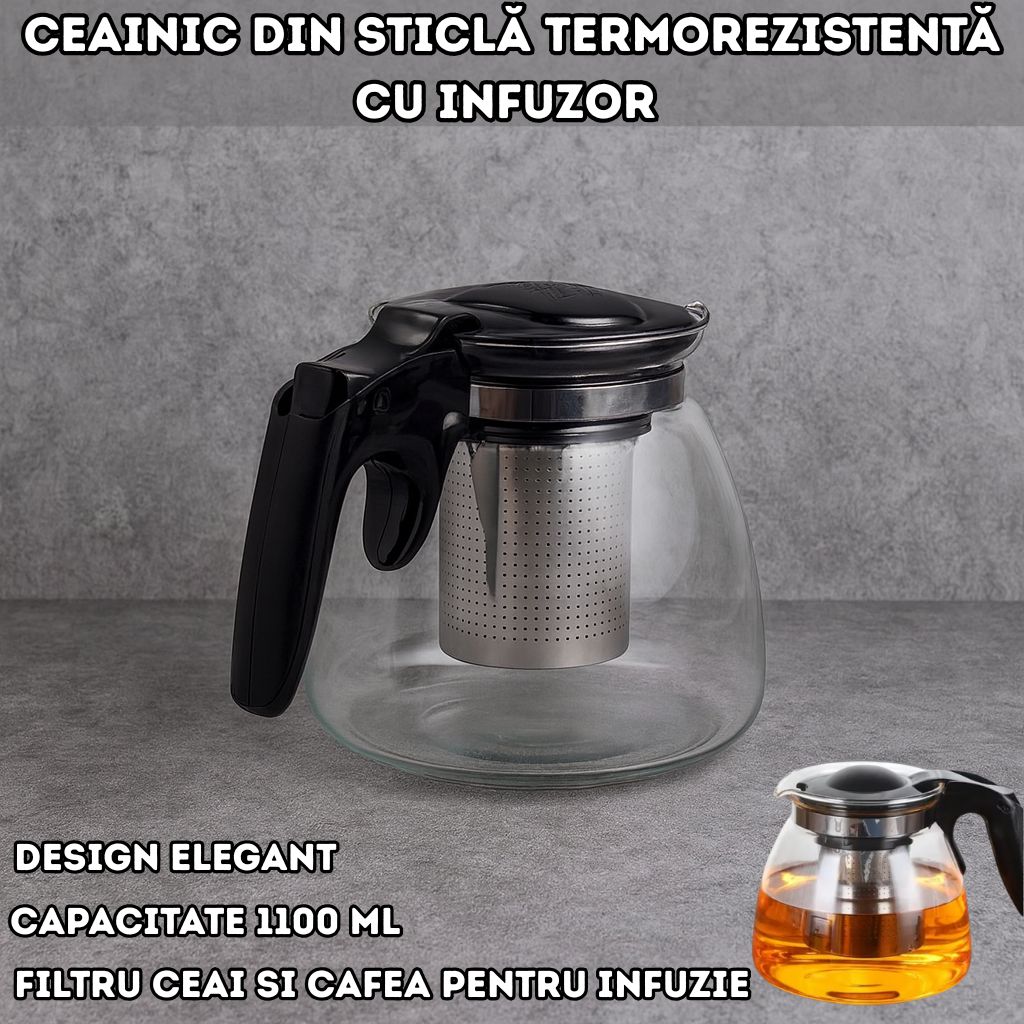Ceainic din sticlă termorezistentă cu infuzor din inox – 1100 ml
