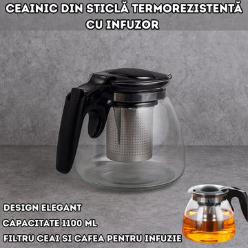 Ceainic din sticlă termorezistentă cu infuzor din inox – 1100 ml