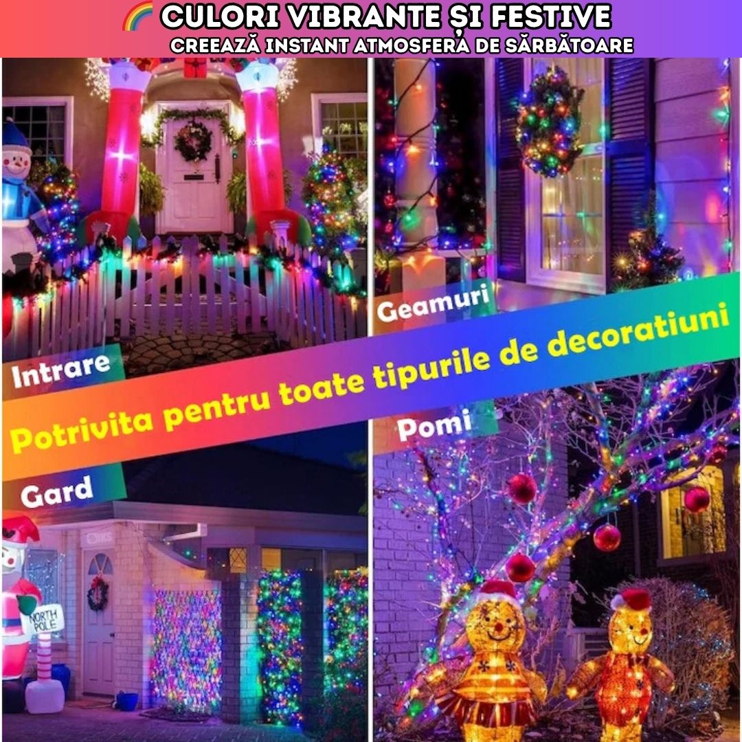 Instalație de Crăciun multicoloră – 450 leduri, 100 m, 8 moduri de iluminare, pentru interior & exterior