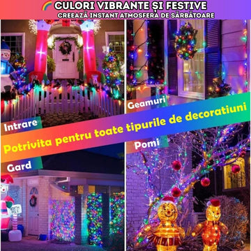 Instalație de Crăciun multicoloră – 450 leduri, 100 m, 8 moduri de iluminare, pentru interior & exterior