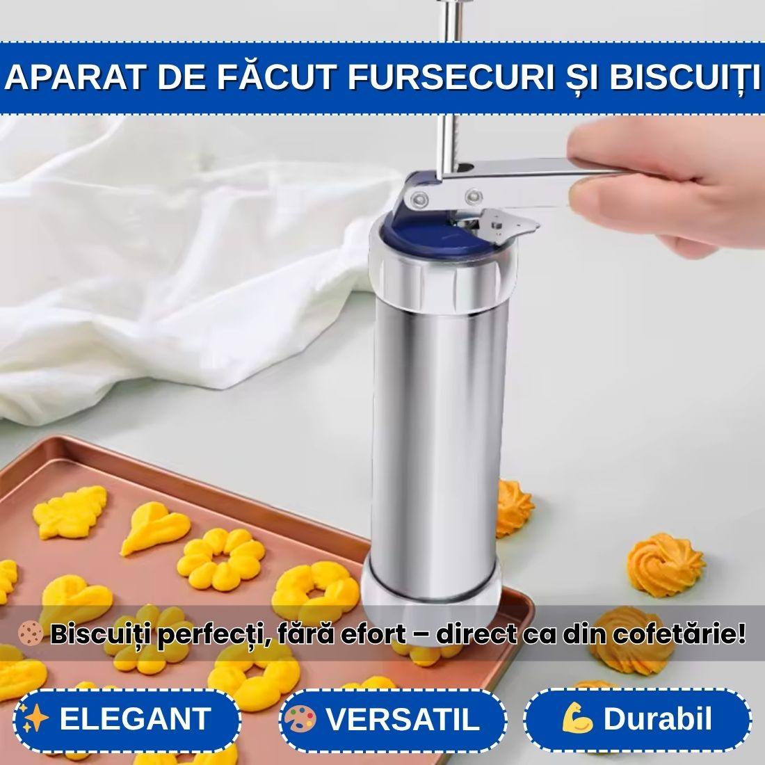 Aparat de Făcut Biscuiți cu 20 de Forme și 4 Duze – Ușor de Folosit, Rezultate Perfecte de Fiecare Dată