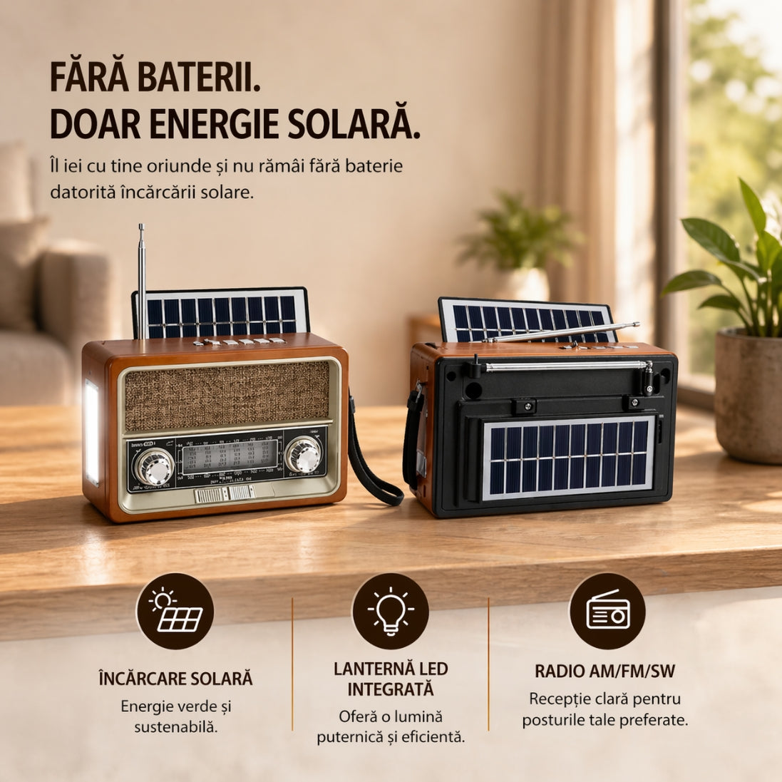 Radio FM Retro cu Încărcare Solară – Multifuncțional, USB, Lanternă