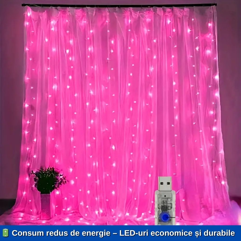 Instalație Tip Perdea Roz 3x3 m – Cu Telecomandă și Lumini Delicate pentru Decorul Perfect