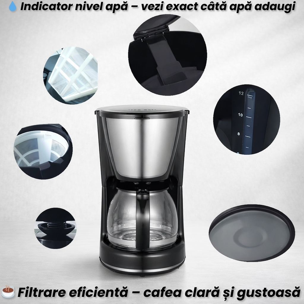 Aparat de Cafea Profesional 750 ml – Preparare Rapidă, Carafă din Sticlă
