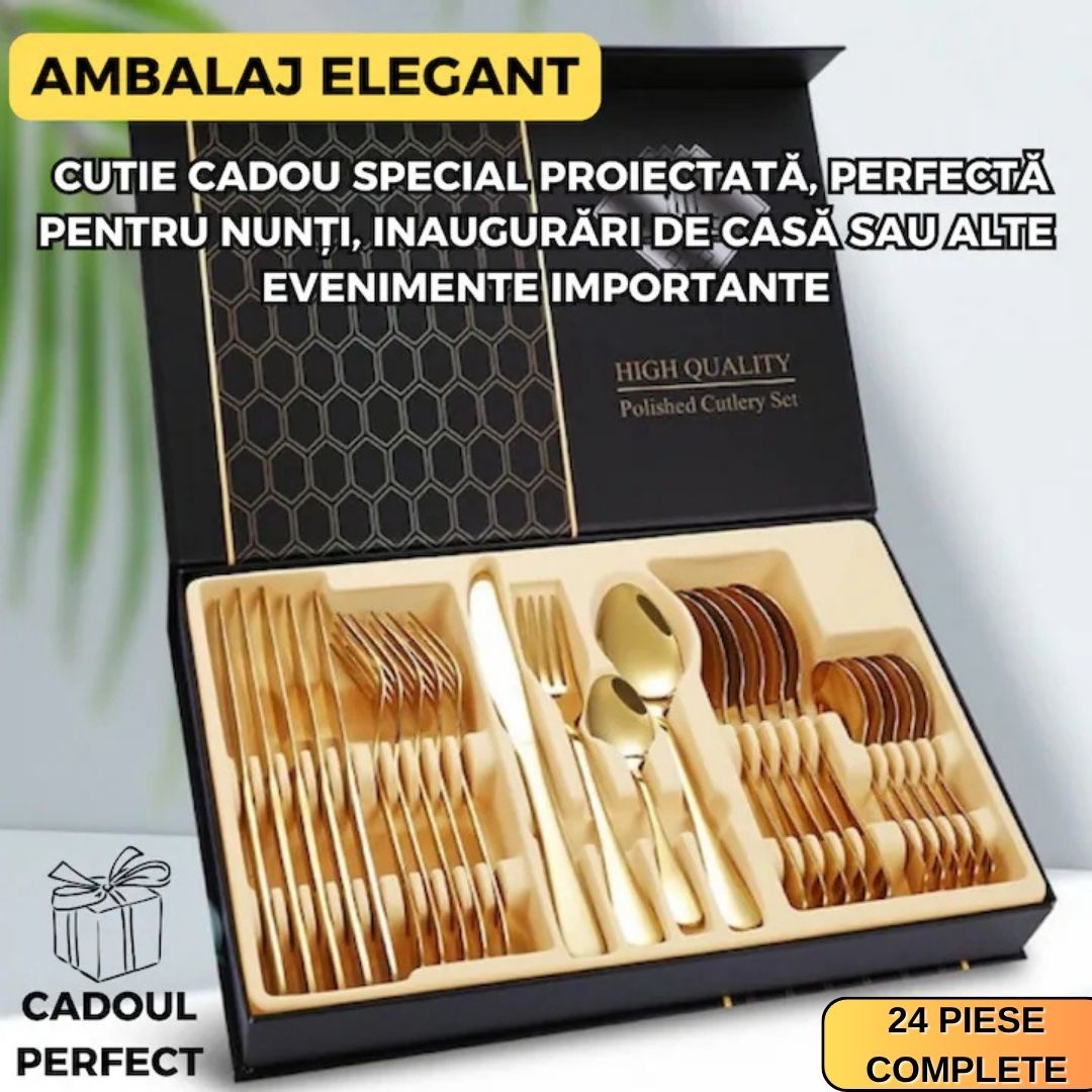 Set Tacâmuri Aurii 24 Piese – Eleganță și Răsfăț la Fiecare Masă