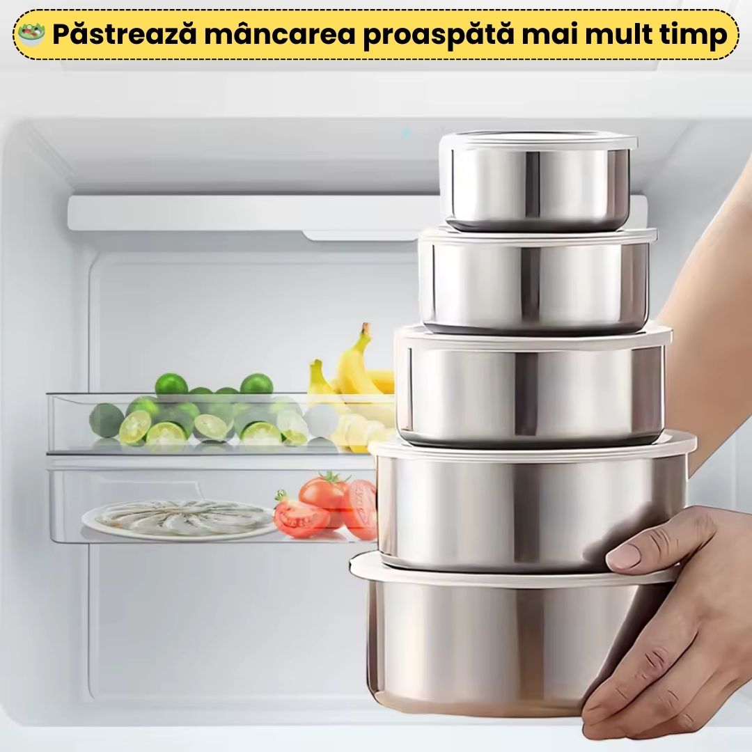 Set 5 Boluri din Inox cu Capace Etanșe – 10/12/14/16/18 cm – 1+1 Gratis