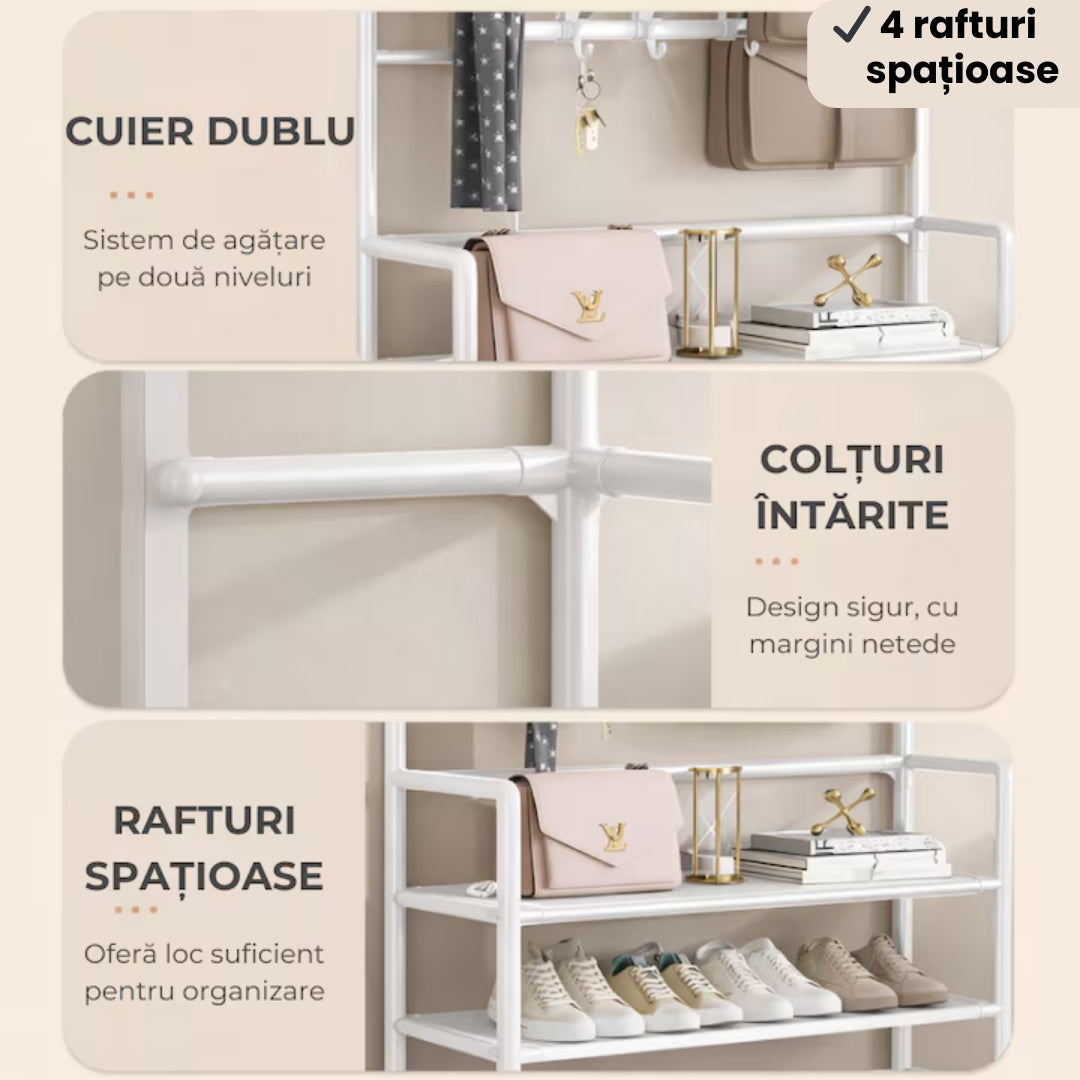 Cuier Metalic cu 4 Rafturi și Cârlige – Organizare Completă pentru Hol, Stabil si Rezistent