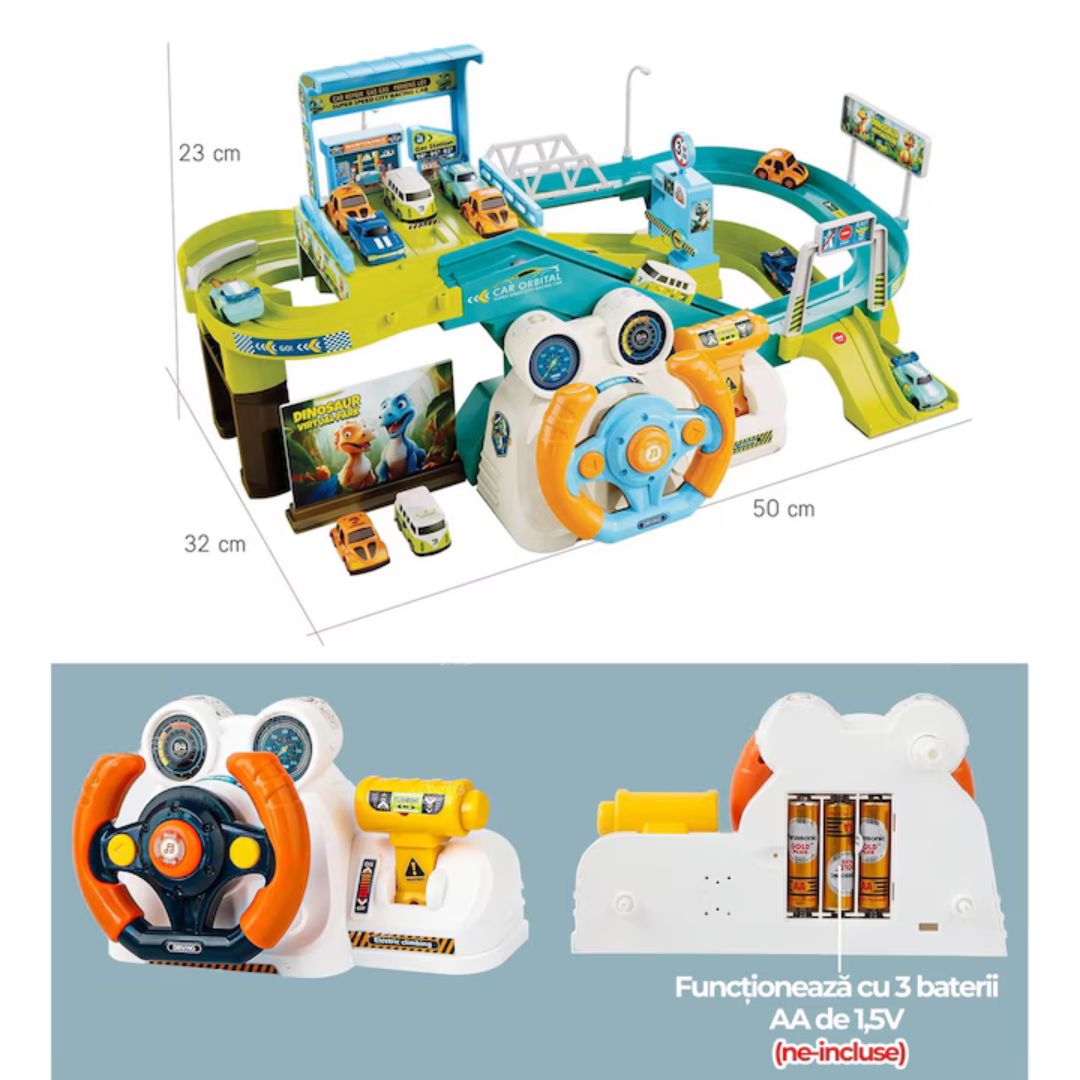 Set Mașinuțe cu Volan, Traseu și Parcare –Jucărie Interactivă, Tematică Dinozauri