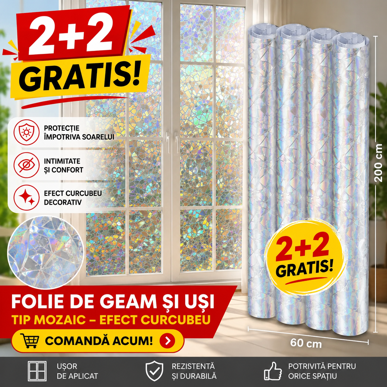 Folie decorativa si protectiva pentru geamuri 200 x 60 CM - Design elegant cu protectie maxima