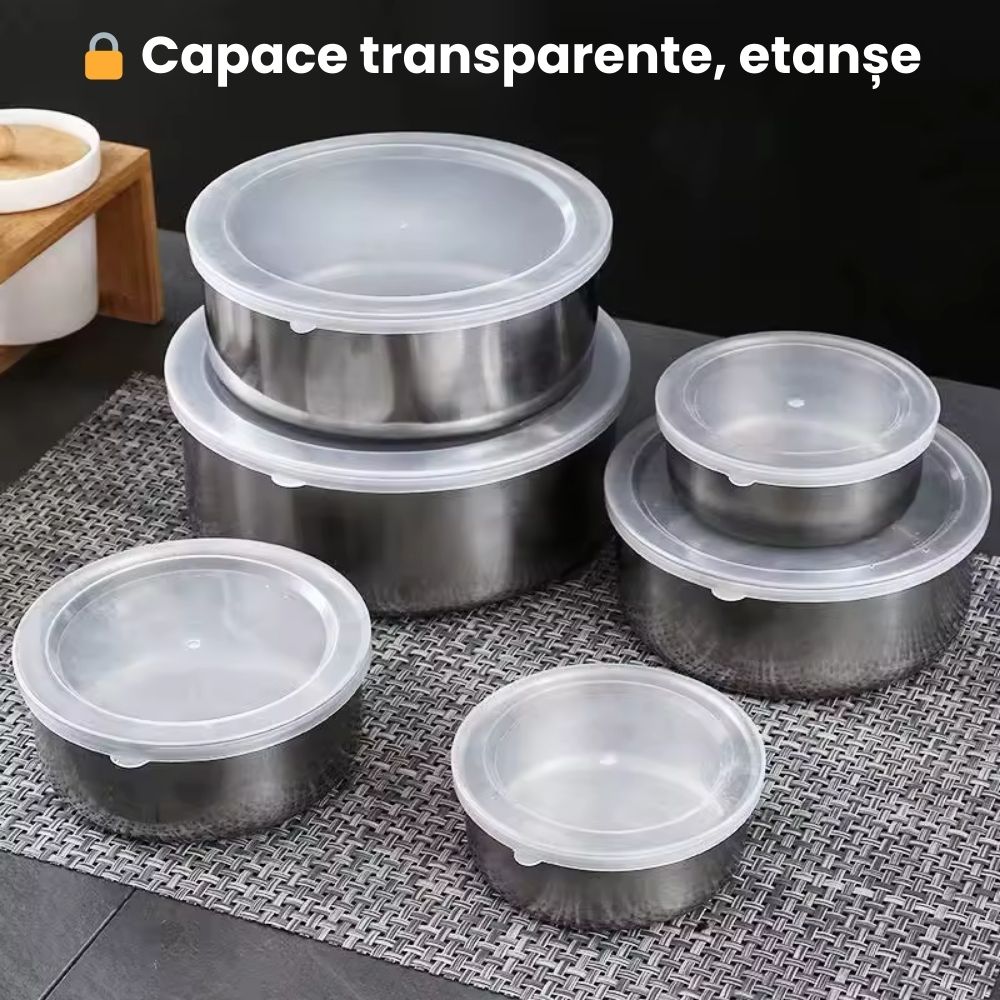Set 5 Boluri din Inox cu Capace Etanșe – 10/12/14/16/18 cm – 1+1 Gratis