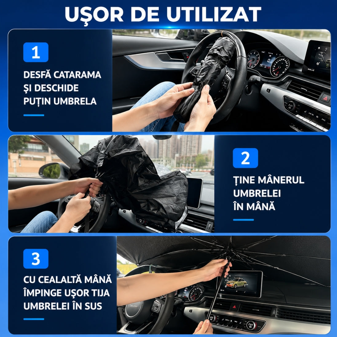Parasol Auto Tip Umbrelă – Protecție UV + Interior Răcoros, Montare în 3 Secunde