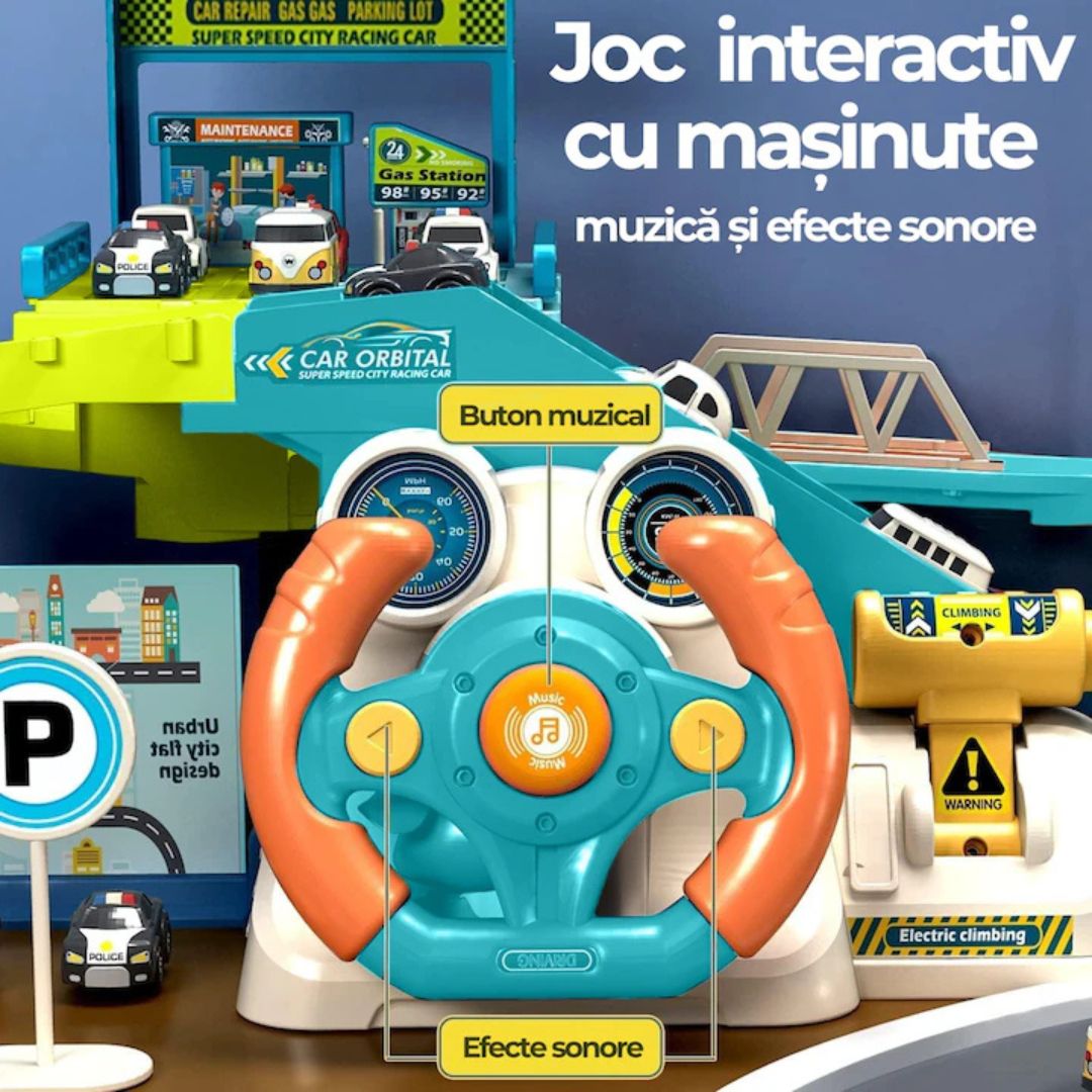 Set Mașinuțe cu Volan, Traseu și Parcare –Jucărie Interactivă, Tematică Dinozauri