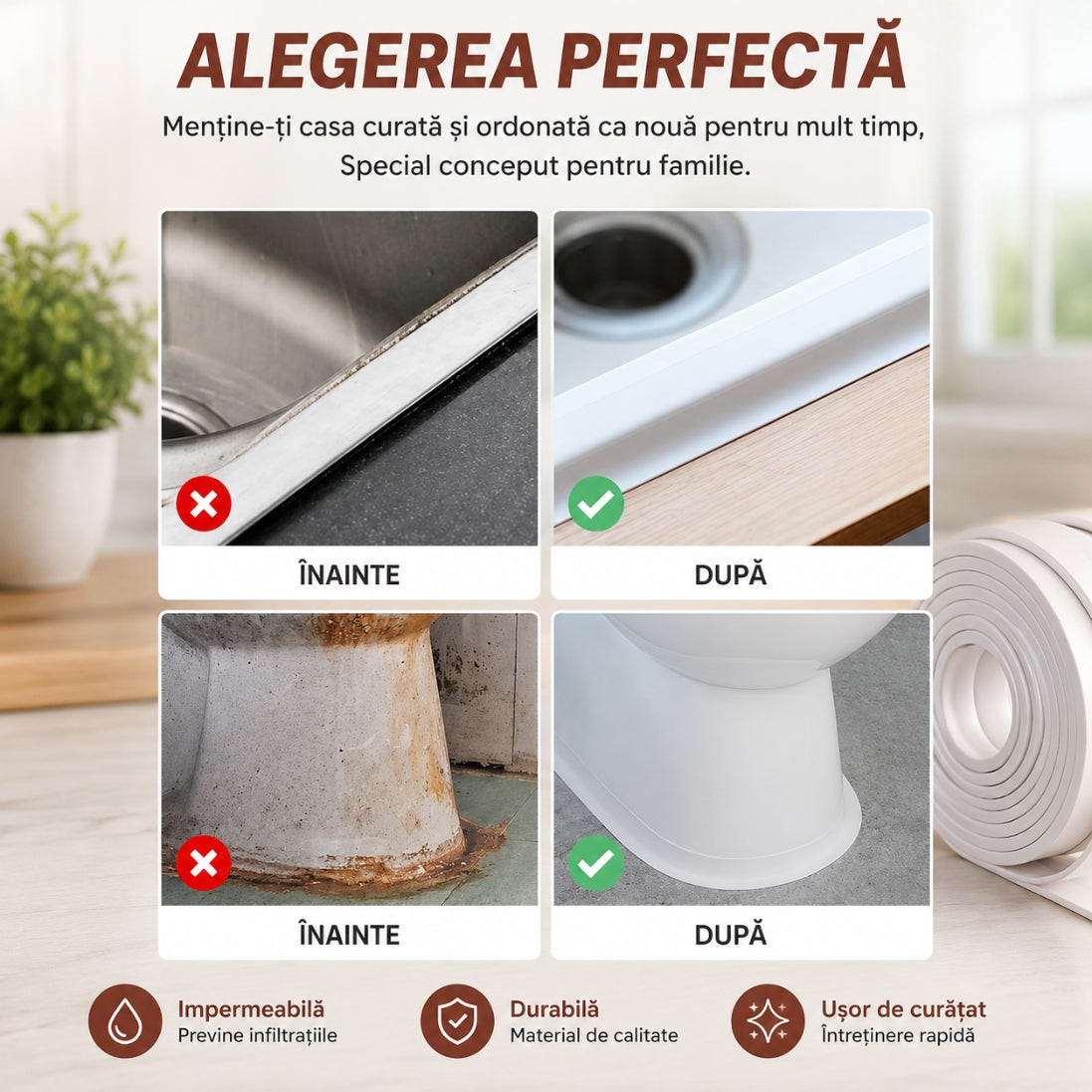 Set de 4 Benzi de Etanșare Autoadezivă 3.8 cm x 3.2 m – Protecție Împotriva Infiltrațiilor de Apă