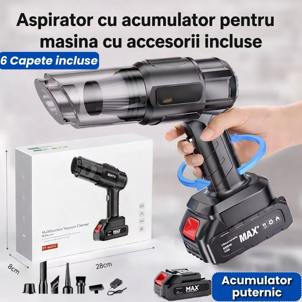 Aspirator Auto cu Acumulator Puternic, 6 Capete Incluse, Curățare Rapidă și Eficientă 100 W