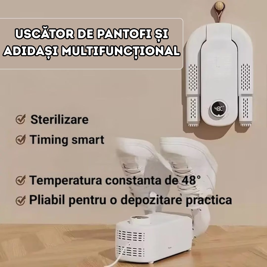 Uscător electric pentru încălțăminte – multifuncțional, cu funcție UV, temporizator și design pliabil