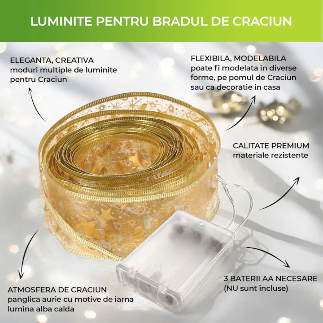 Instalație decorativă tip panglică 10 m, 100 LED-uri, lumină alb-cald – pentru Crăciun, brad, nuntă sau decor interior