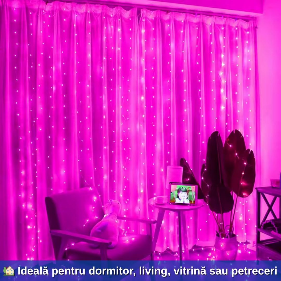 Instalație Tip Perdea Roz 3x3 m – Cu Telecomandă și Lumini Delicate pentru Decorul Perfect