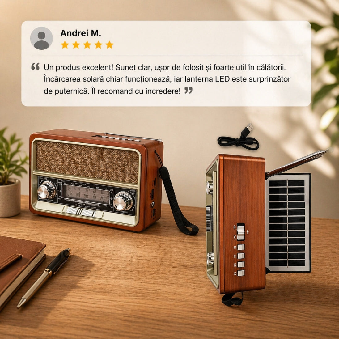 Radio FM Retro cu Încărcare Solară – Multifuncțional, USB, Lanternă