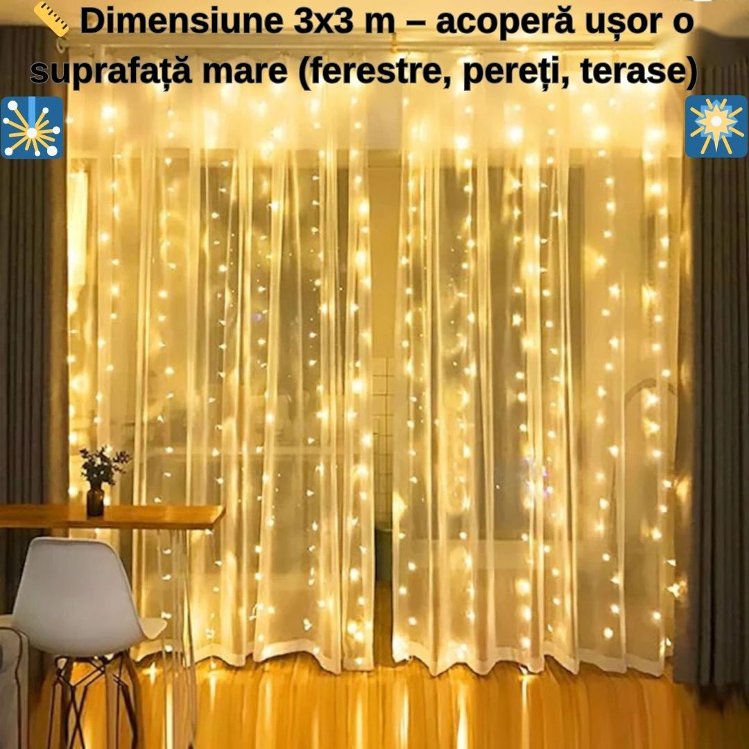 Instalație tip perdea luminoasă 3m x 3m – alb cald, cu telecomandă și 8 moduri de iluminare