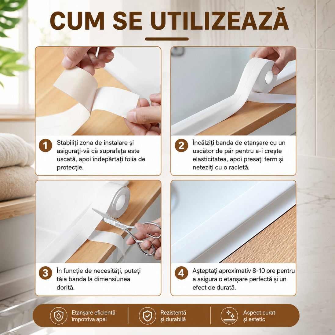 Set de 4 Benzi de Etanșare Autoadezivă 3.8 cm x 3.2 m – Protecție Împotriva Infiltrațiilor de Apă