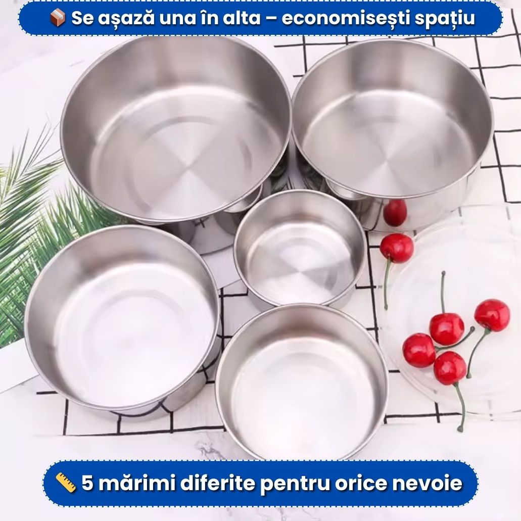 Set 5 Boluri din Inox cu Capace Etanșe – 10/12/14/16/18 cm – 1+1 Gratis
