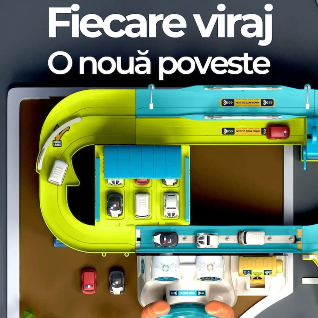 Set Mașinuțe cu Volan, Traseu și Parcare –Jucărie Interactivă, Tematică Dinozauri