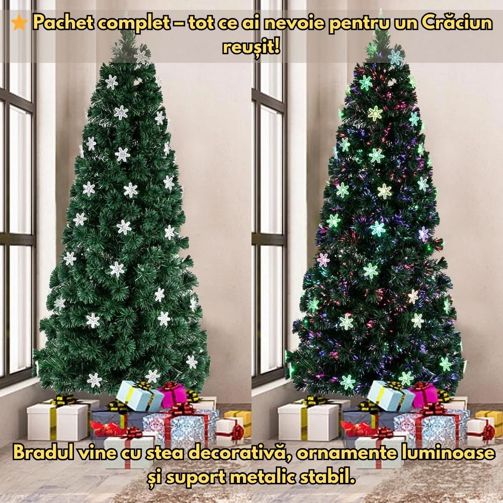 Brad Artificial 1.5 m din Fibră Optică – cu Stea și Decorațiuni Incluse