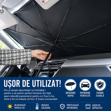 Parasol Auto Tip Umbrelă – Protecție UV + Interior Răcoros, Montare în 3 Secunde