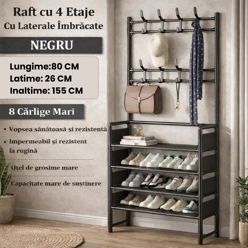 Cuier Metalic cu 4 Rafturi și Cârlige – Organizare Completă pentru Hol, Stabil si Rezistent