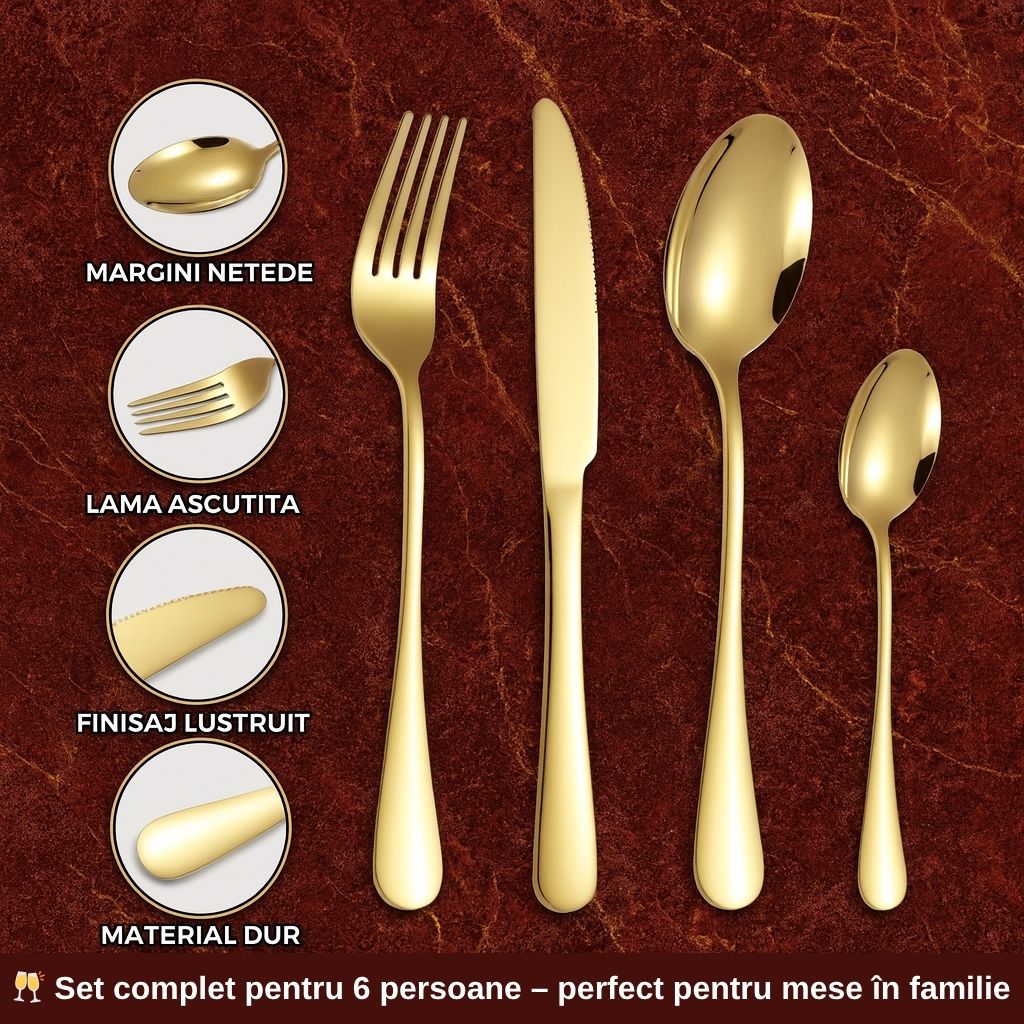 Set Tacâmuri Aurii 24 Piese – Eleganță și Răsfăț la Fiecare Masă