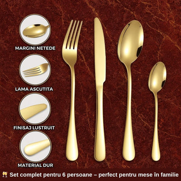 Set Tacâmuri Aurii 24 Piese – Eleganță și Răsfăț la Fiecare Masă