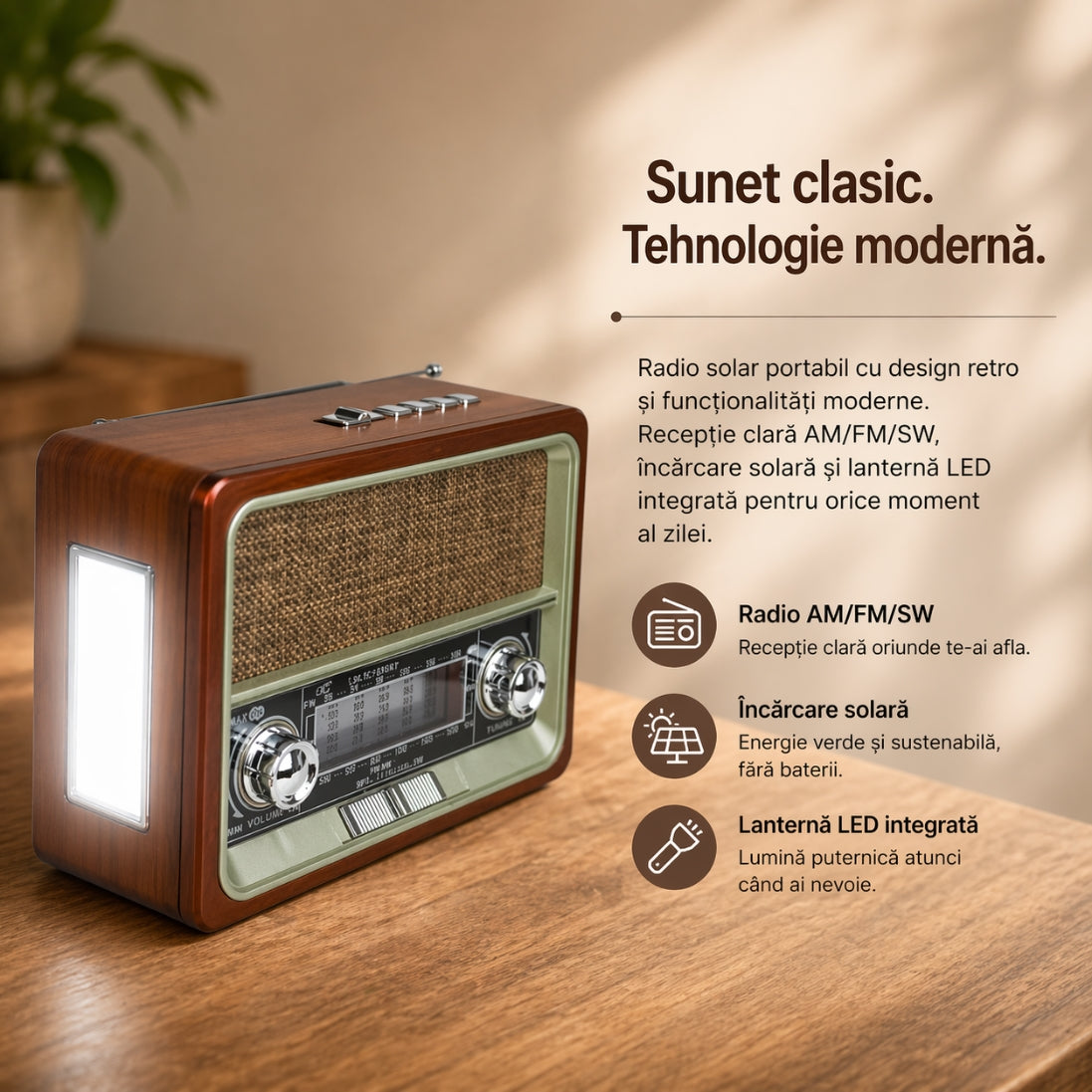 Radio FM Retro cu Încărcare Solară – Multifuncțional, USB, Lanternă