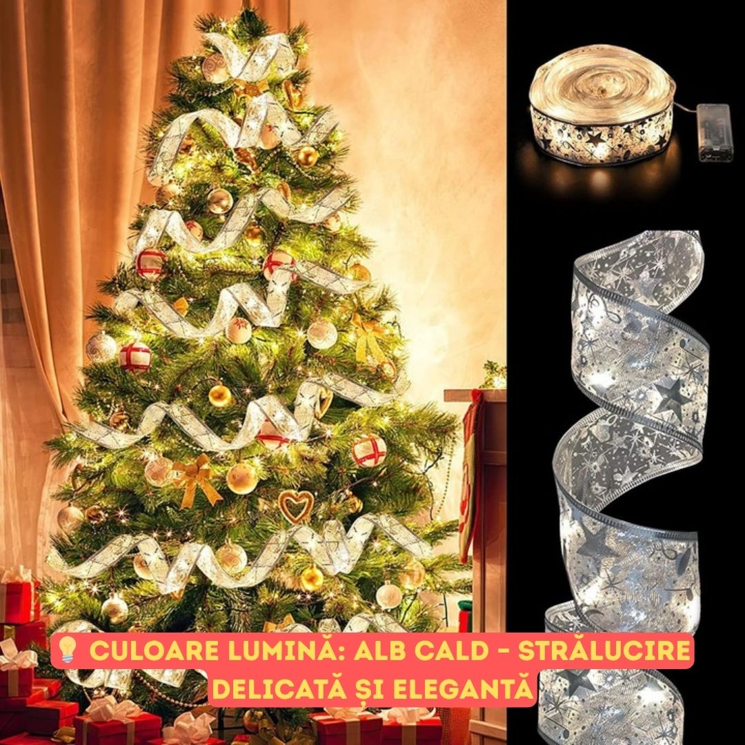 Instalație decorativă tip panglică 10 m, 100 LED-uri, lumină alb-cald – pentru Crăciun, brad, nuntă sau decor interior