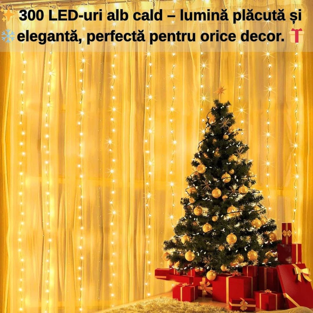 Instalație tip perdea luminoasă 3m x 3m – alb cald, cu telecomandă și 8 moduri de iluminare