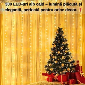 Instalație tip perdea luminoasă 3m x 3m – alb cald, cu telecomandă și 8 moduri de iluminare