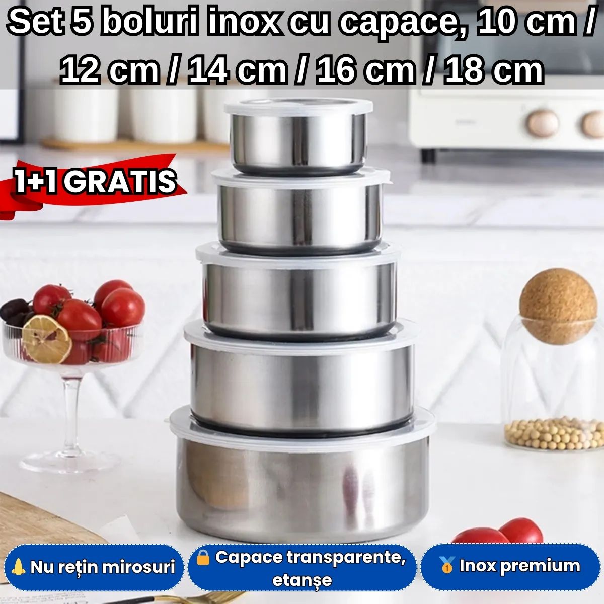 Set 5 Boluri din Inox cu Capace Etanșe – 10/12/14/16/18 cm – 1+1 Gratis
