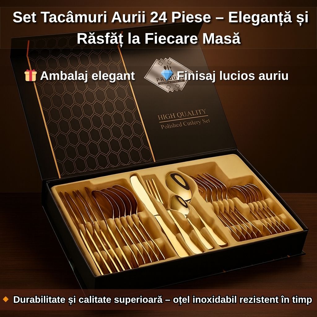Set Tacâmuri Aurii 24 Piese – Eleganță și Răsfăț la Fiecare Masă