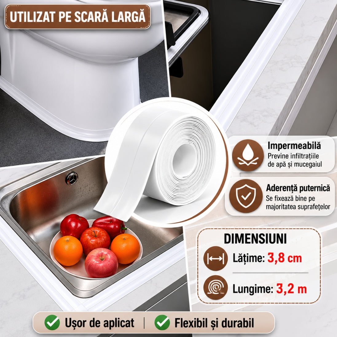 Set de 4 Benzi de Etanșare Autoadezivă 3.8 cm x 3.2 m – Protecție Împotriva Infiltrațiilor de Apă