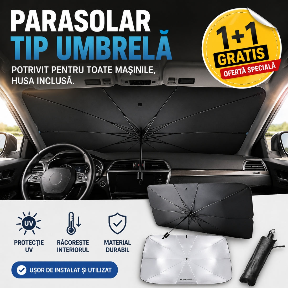 Parasol Auto Tip Umbrelă – Protecție UV + Interior Răcoros, Montare în 3 Secunde