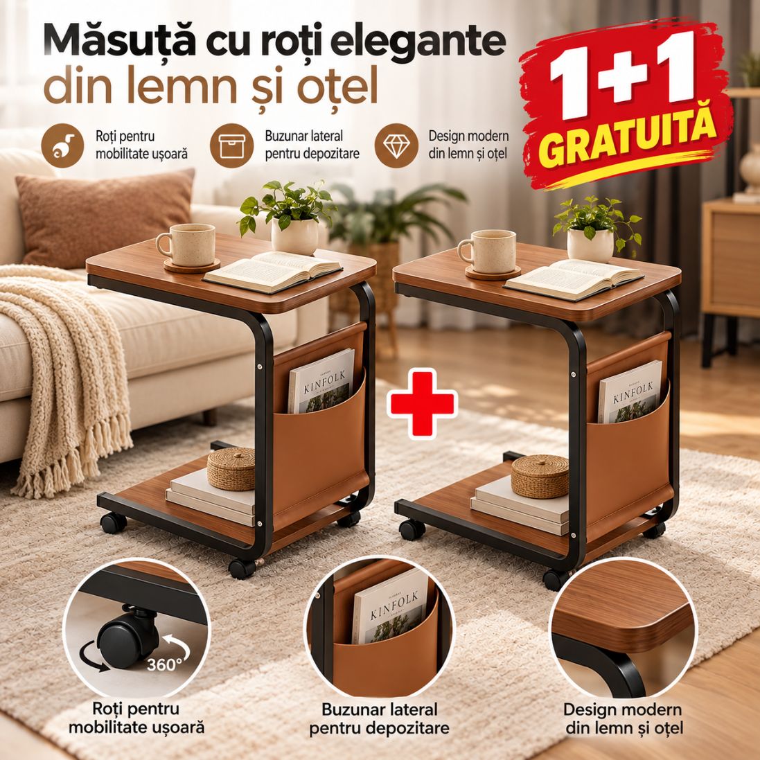 Măsuță din Lemn cu Roți si Cadru Metalic – 2 Bucati la Pret de Una